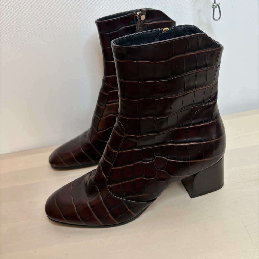 St. Agni Croc-Embossed Dark Brown Ankle Booties